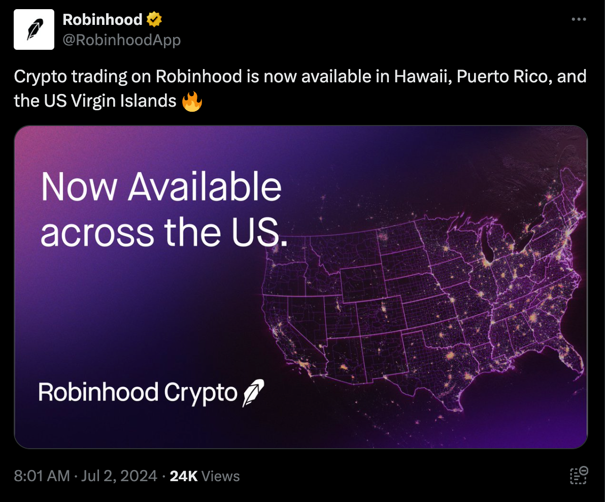 Robinhood Crypto теперь доступен на Гавайях и некоторых территориях США