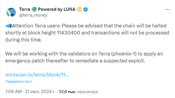 
Цена Terra (LUNA) упала из-за приостановки работы сети                