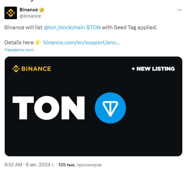 
TON вырос на 12% после заявления Binance о начале торгов токеном                